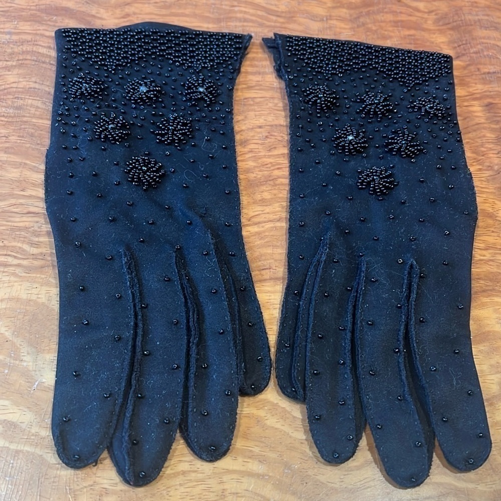 Black Fabric Beaded 9” Size Small Vintage Gloves